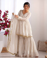 Ready To Wear White & Pink Chanderi Silk Hand Work Gharara Suit With Dupatta